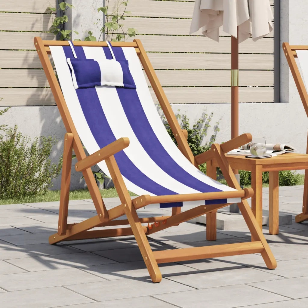 Sedia da Giardino | Sedia da Spiaggia Pieghevole Blu/Bianco in Eucalipto e Tessuto