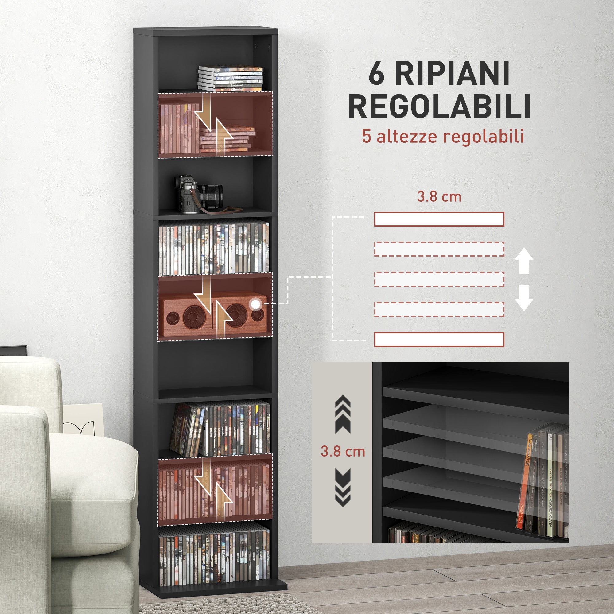 Libreria Porta CD e DVD 33x24x140 cm con 6 Ripiani Regolabili Nero