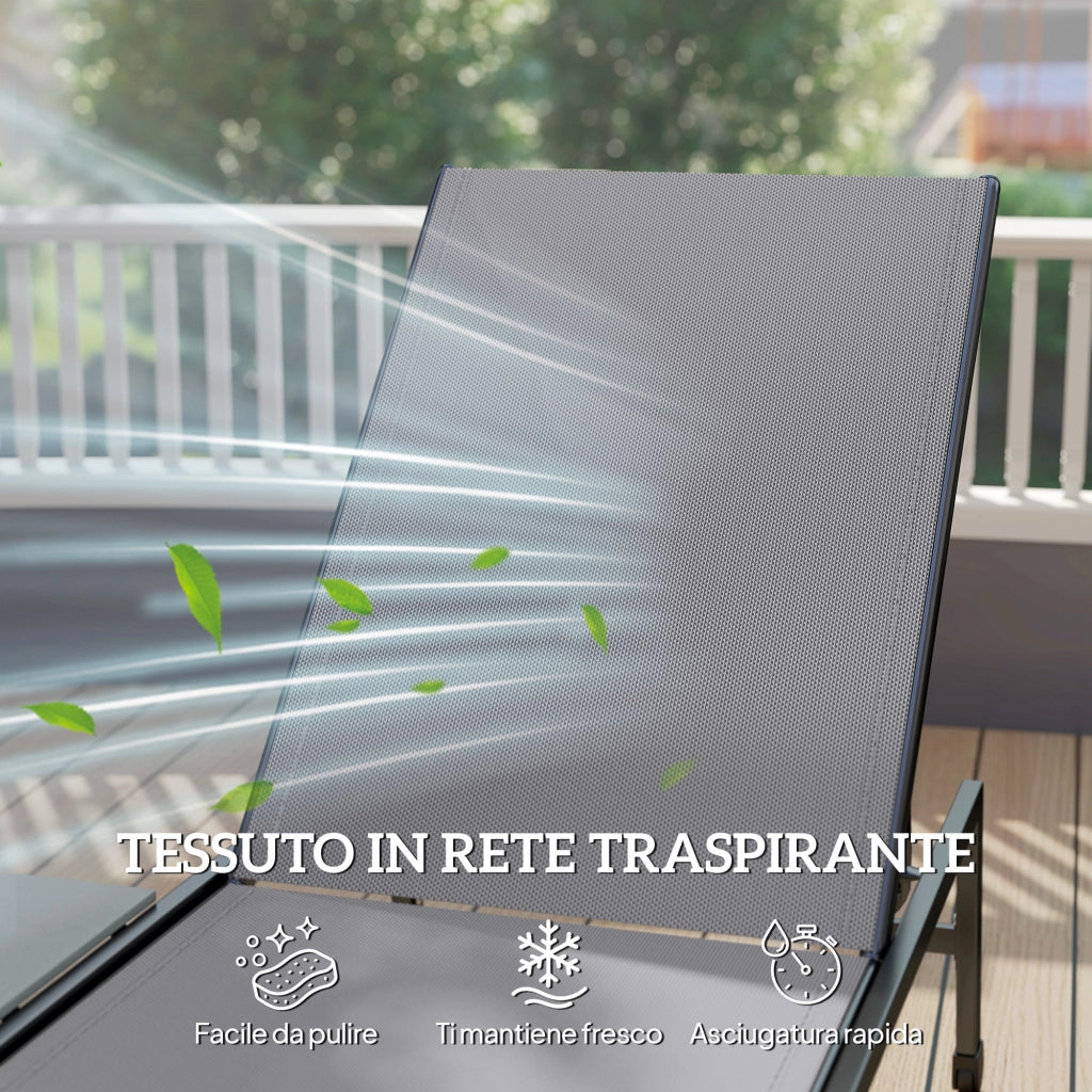 Set 2 Lettini Prendisole Regolabili in 5 Posizioni con Tavolino Laterale e 2 Ruote, in Metallo e Poliestere, Grigio