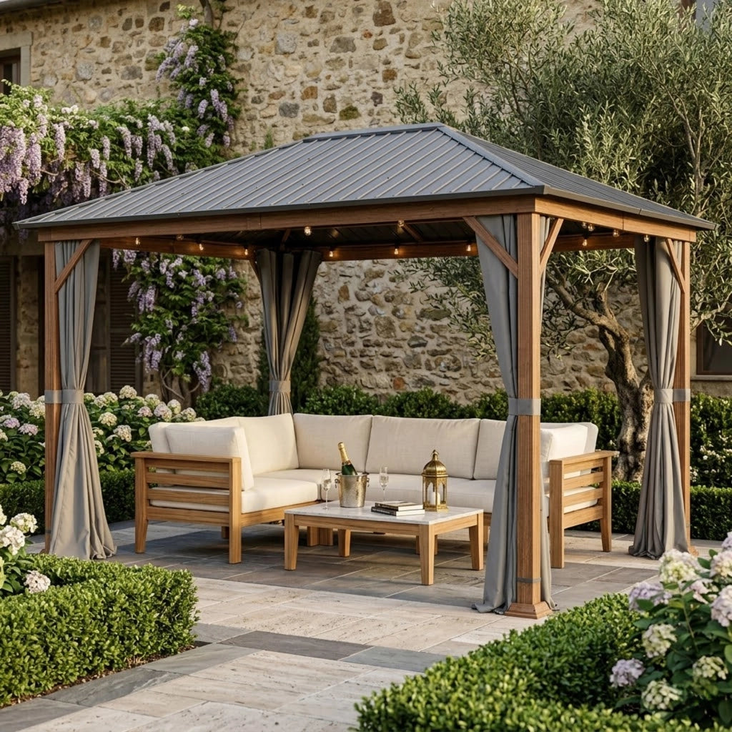 Gazebo Per Giardino 3x4 Metri Con Struttura Effetto Legno Tetto In Acciaio Zincato E Tende Laterali Impermeabili Adatto A Patio Terrazza E Outdoor 300 x 400 x 295 Cm Effetto Legno E Grigio