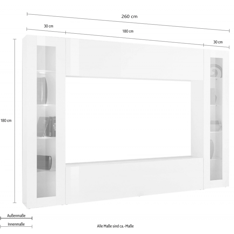 Parete soggiorno Maruska 2 vetrine– 260x180x30 – Bianco Lucido