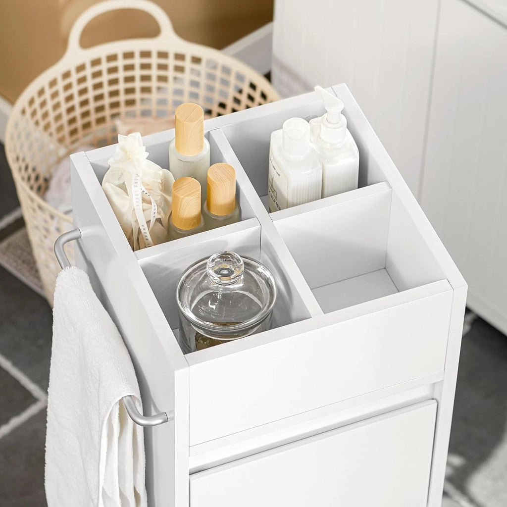 Mobiletto Bagno Salvaspazio, Mobile Stretto Bagno 3 Cassetti e 4 Scomparti, Cassettiera Salvaspazio Bianco, 30x90x30 cm, BZR29-W