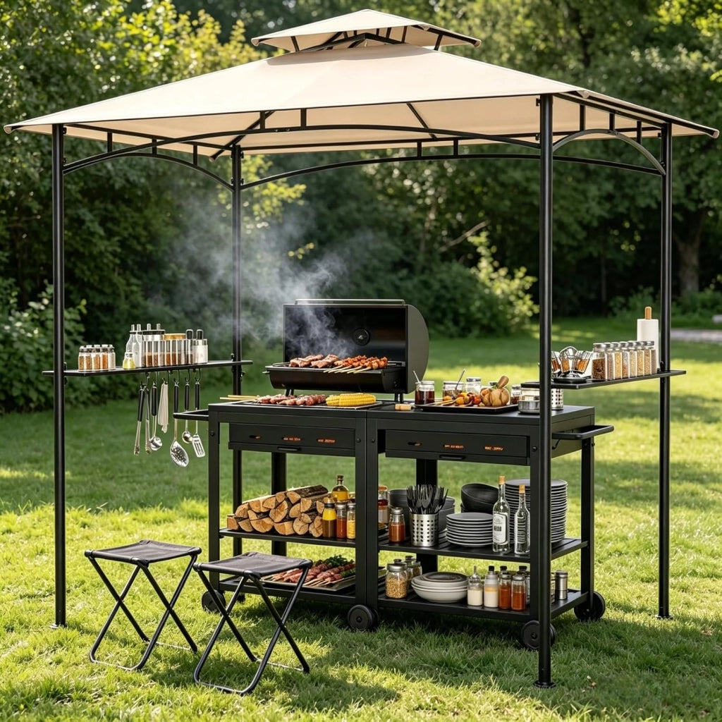 Barbera per barbecue a doppio tetto, gazebo da giardino esterno per griglia, con 2 ripiani e 7 ganci, gazebo da barbecue, per campeggio, picnic, festa, barbecue, 240 x 151 x 255 cm (Beige)