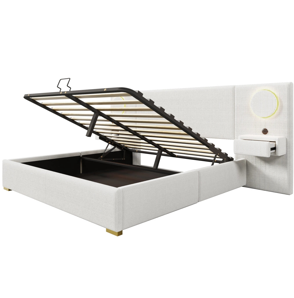 Letto imbottito beige 180 x 200 cm con LED, USB e vano contenitore