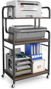 Supporto Porta Stampante con Ruote, Carrello Portaoggetti a 3 Ripiani in Legno, Scaffale Multiuso con 10 Ganci, per Cucina Ufficio, 60,5 x 40 x 110 cm (Marrone)