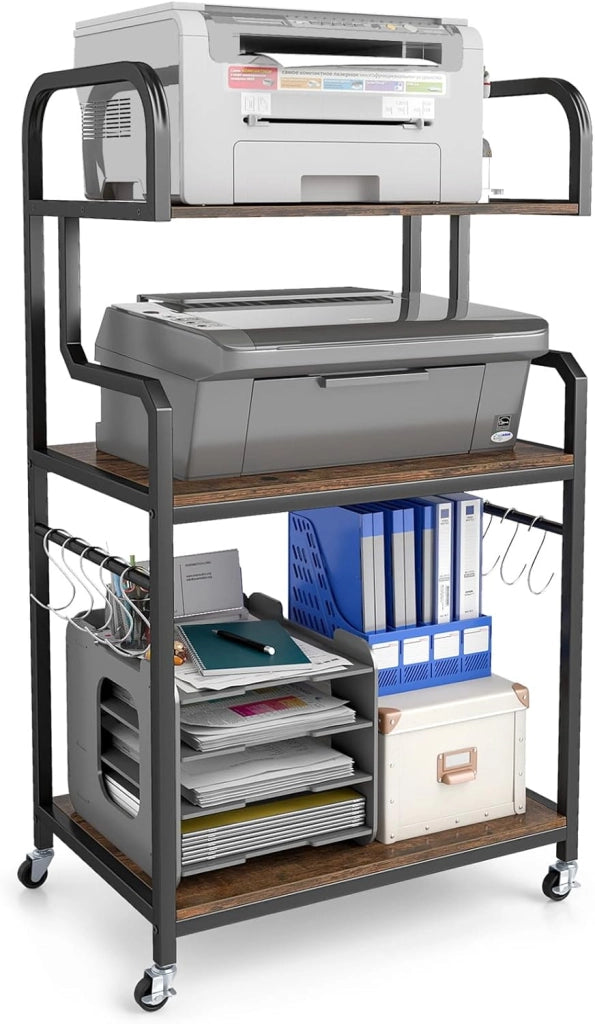 Supporto Porta Stampante con Ruote, Carrello Portaoggetti a 3 Ripiani in Legno, Scaffale Multiuso con 10 Ganci, per Cucina Ufficio, 60,5 x 40 x 110 cm (Marrone)