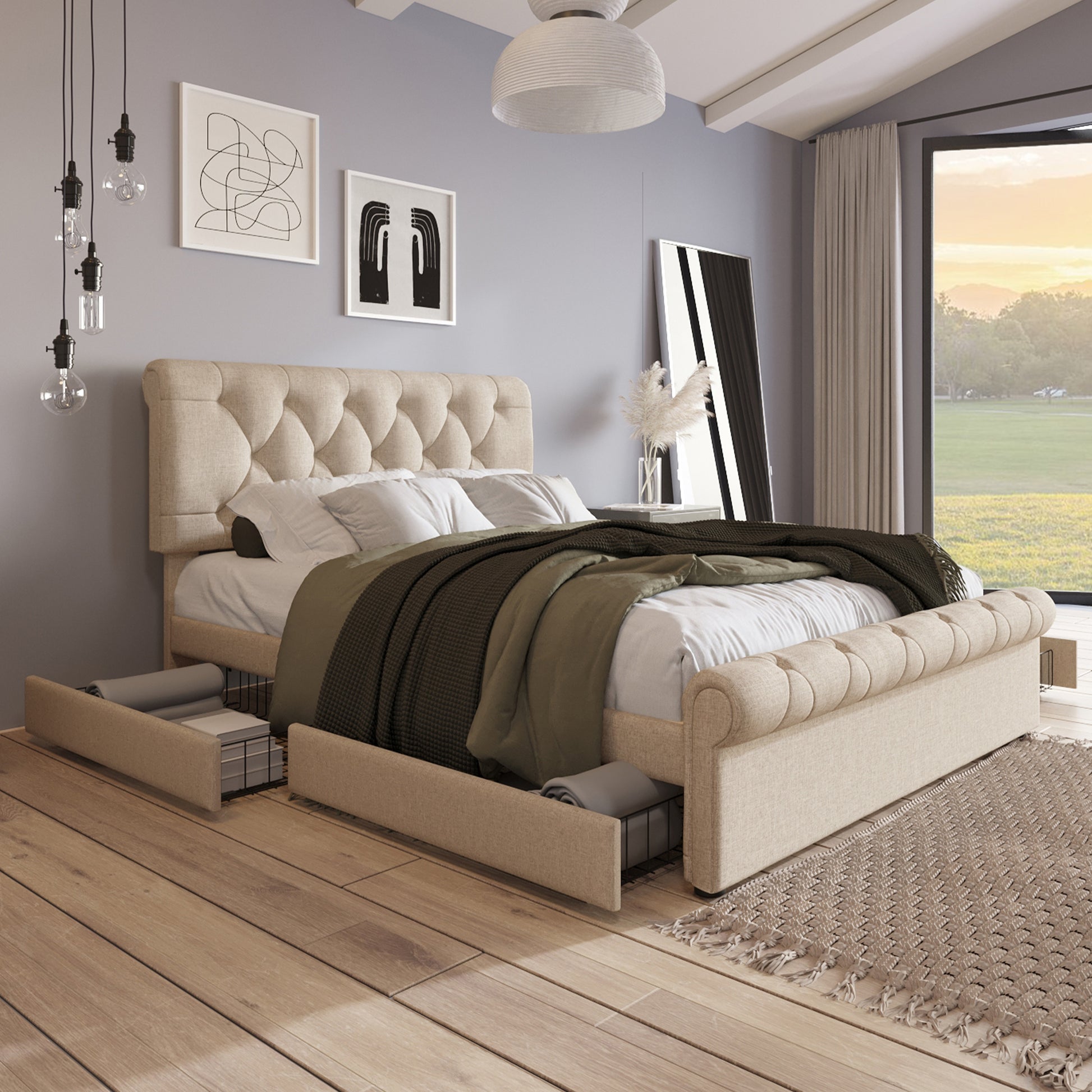 Letto imbottito 140x200 - Xylo - 4 cassetti, schienale regolabile