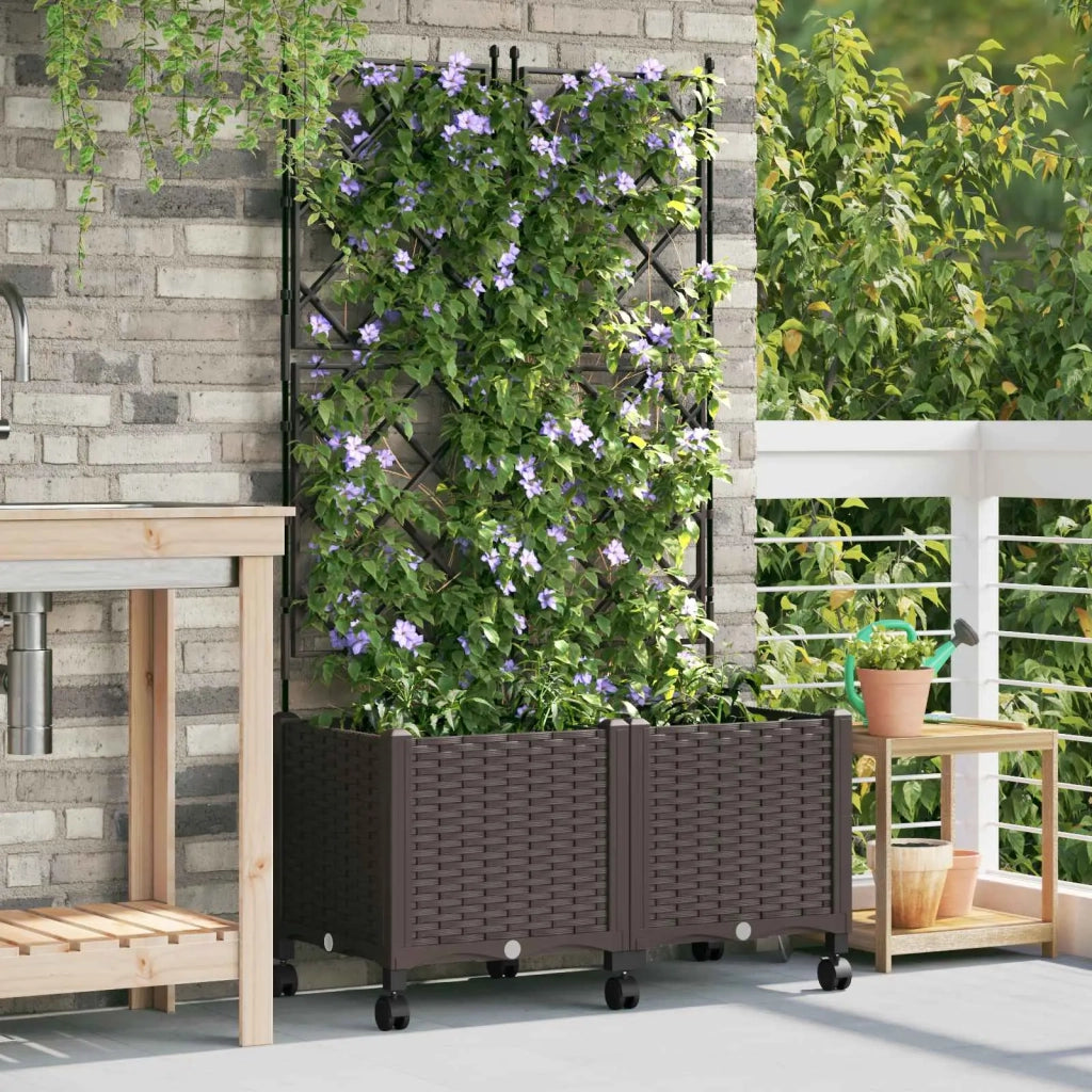 Vaso da giardino con grigliato e ruote 2 pz Marrone PP 3422989