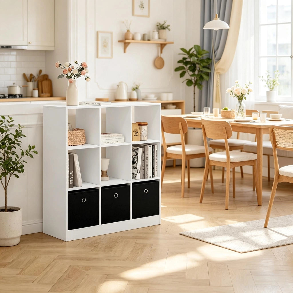 Libreria a cubi con 3 cassetti in tessuto, scaffale freestanding, bianco e nero, 80 x 86,5 x 30 cm