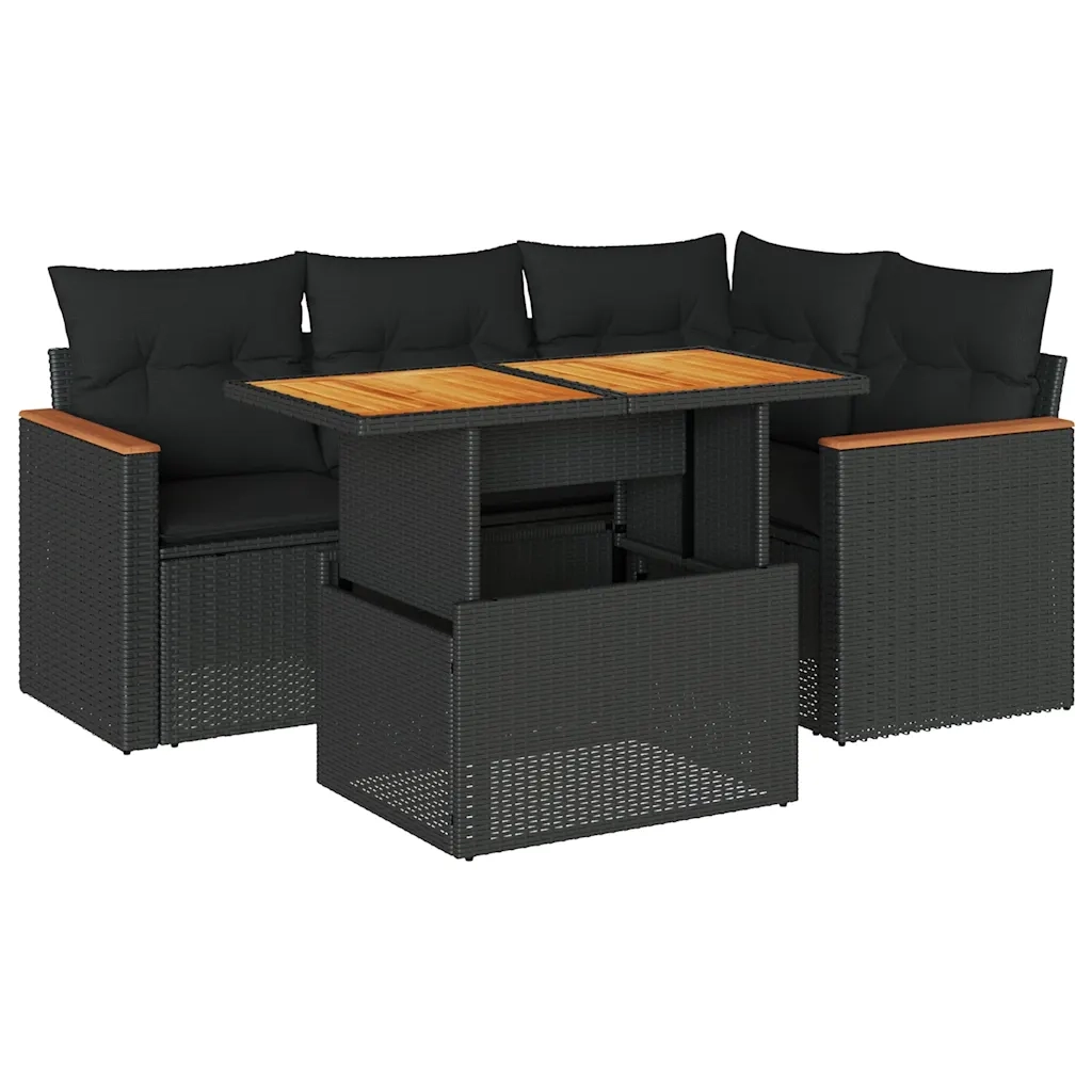 Set Divani da Giardino 5 pz con Cuscini Nero Polyrattan Acacia 3327478