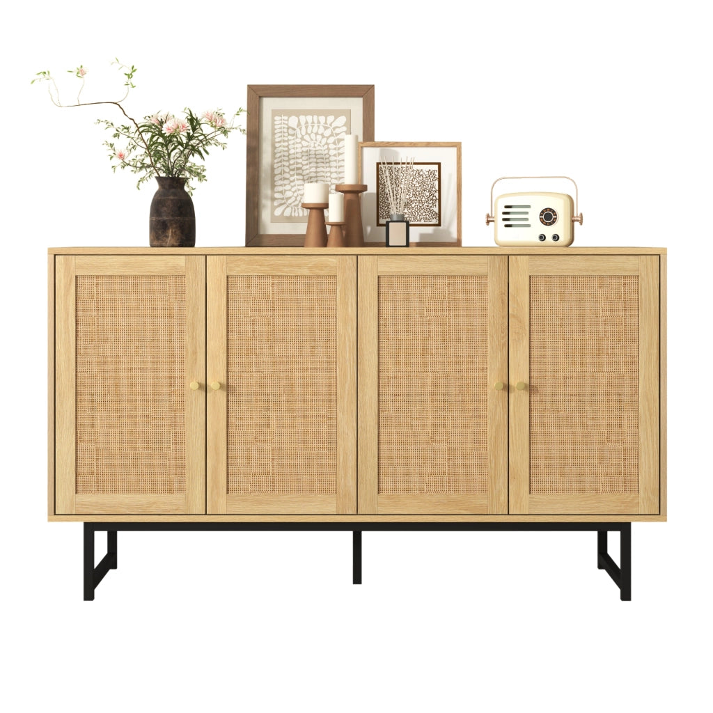 Madia con 4 Ante e Ripiani Regolabili; Rattan Naturale; Stile Moderno; in Pannello Truciolare; 140??39;5??80 cm; Legno