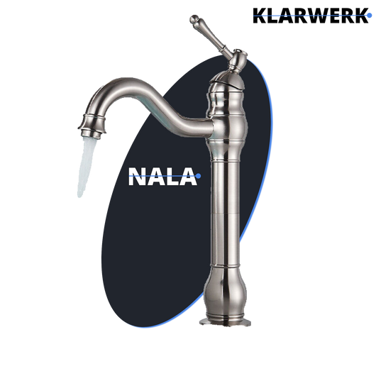 NALA | Rubinetto da bagno alto vintage Gastro in argento spazzolato |Retrò in acciaio inossidabile premium per lavabo alto | Miscelatore 2 connessioni