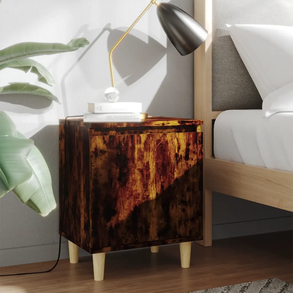 Comodini con Gambe in Legno Massello 2pz-Set di 2 Tavolino da notte Rovere Fumo 40x30x50cm 843101