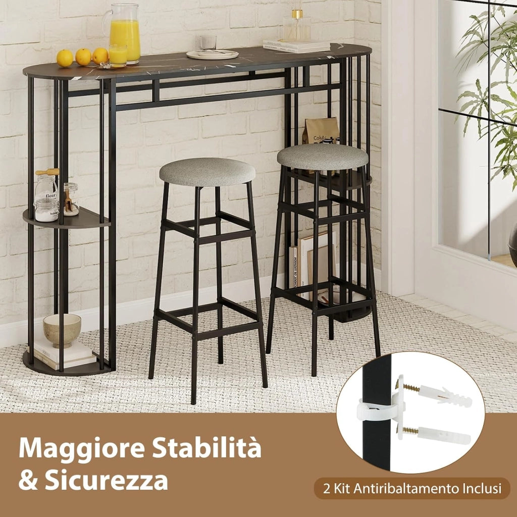 Tavolo da Bar Alto, Tavolino da Cucina Moderno con Piano in Finto Marmo, 4 Ripiani Laterali e Struttura in Metallo, Bancone Cucina da Casa per Soggiorno e Sala da Pranzo (Grigio)
