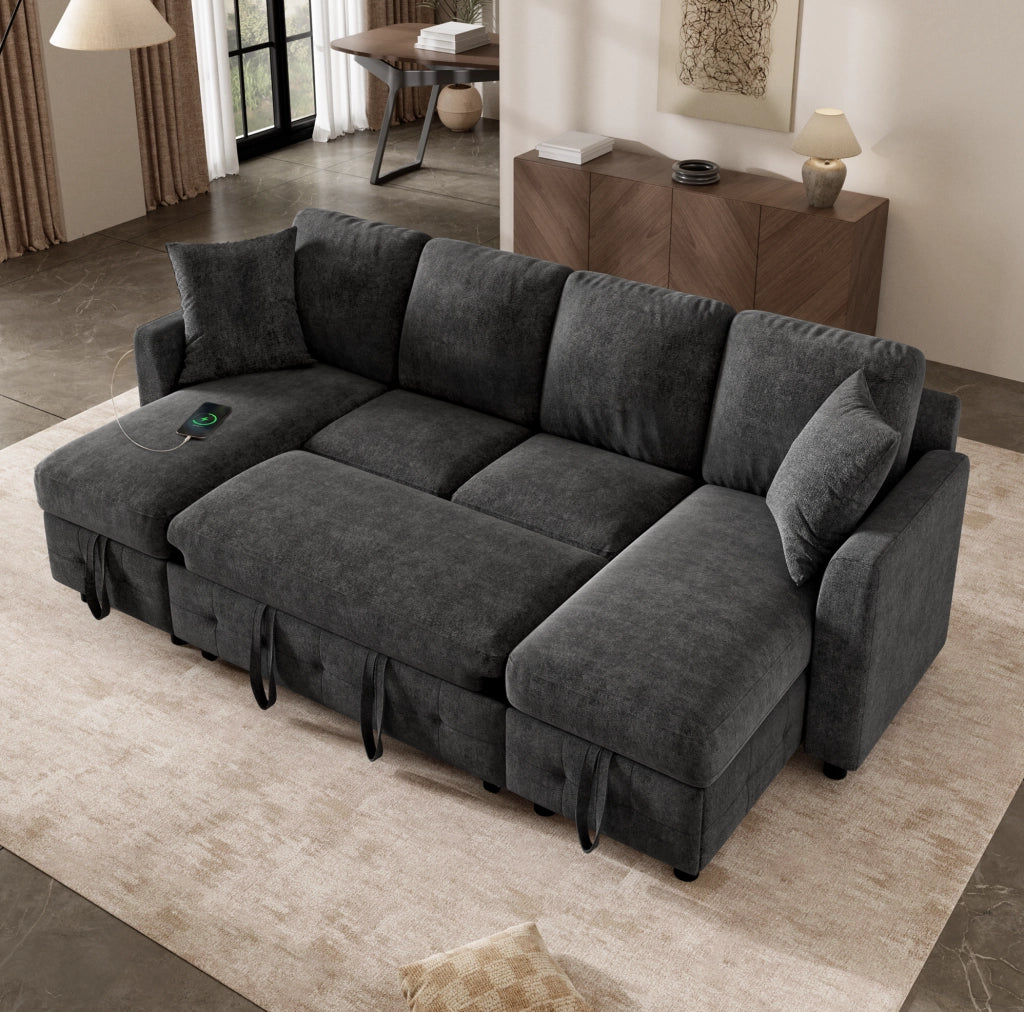 Divano letto estraibile a U in ciniglia con 2 vani contenitore e porte USB/Type-C, grigio scuro