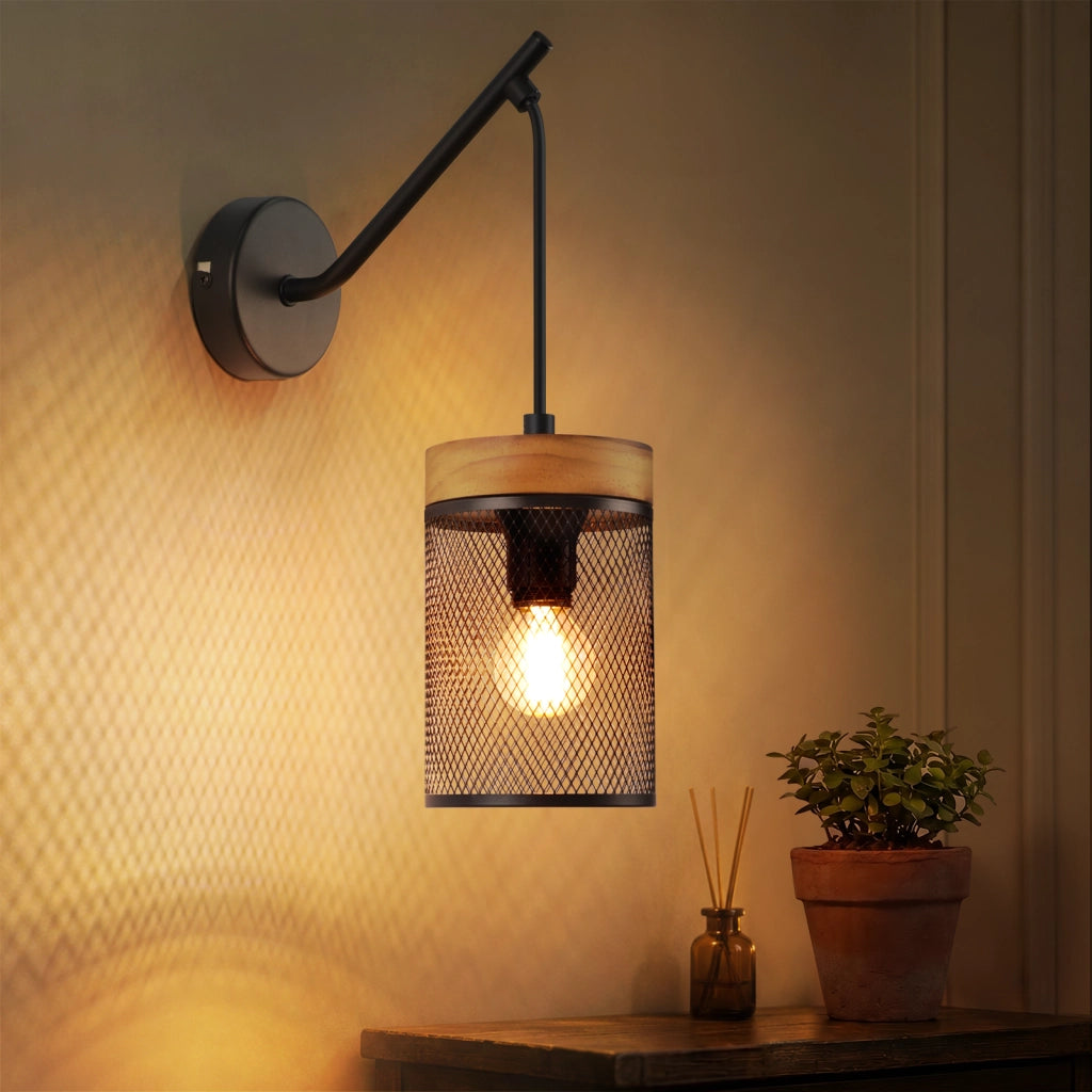 ZMH Lampada da Parete Vintage in Legno Nero Metallo Gitterschirm Industrial E14 per Soggiorno Corridoio Senza Lampadina