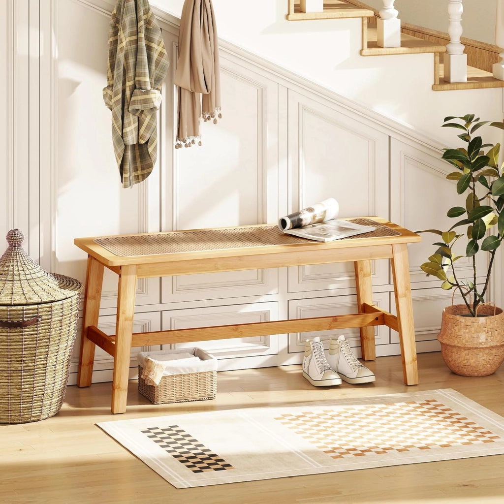 Panca d'Ingresso in Bambù, Sgabello da Pavimento con Seduta Traspirante in Rattan, Stile Rustico, 100x35x45 cm, Portata Fino a 300 kg, per Ingresso, Sala da Pranzo e Camera da Letto