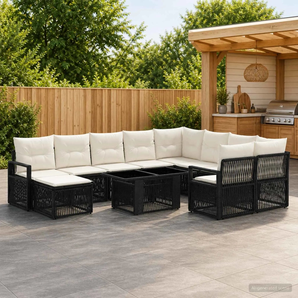 Set Divano da Giardino 11 pz Nero e Bianco Crema polyrattan 3437188