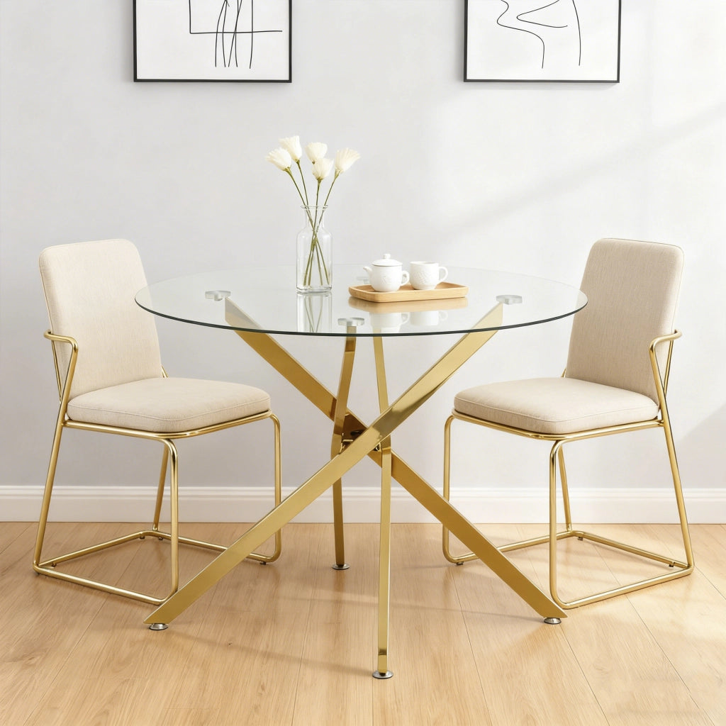 Tavolo da pranzo rotondo con piano in vetro temperato, base in metallo dorato, per 2-4 persone, 80 × 80 × 76 cm