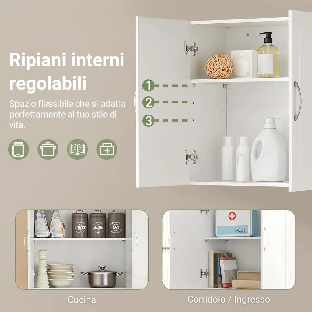 Pensile Cucina Sospeso - Mobile Cucina con Ante Bianco Mobile Pensile da Muro Salvaspazio in Legno 60x30x60 cm con Ripiani Regolabili Dispensa Moderna FRG231-W