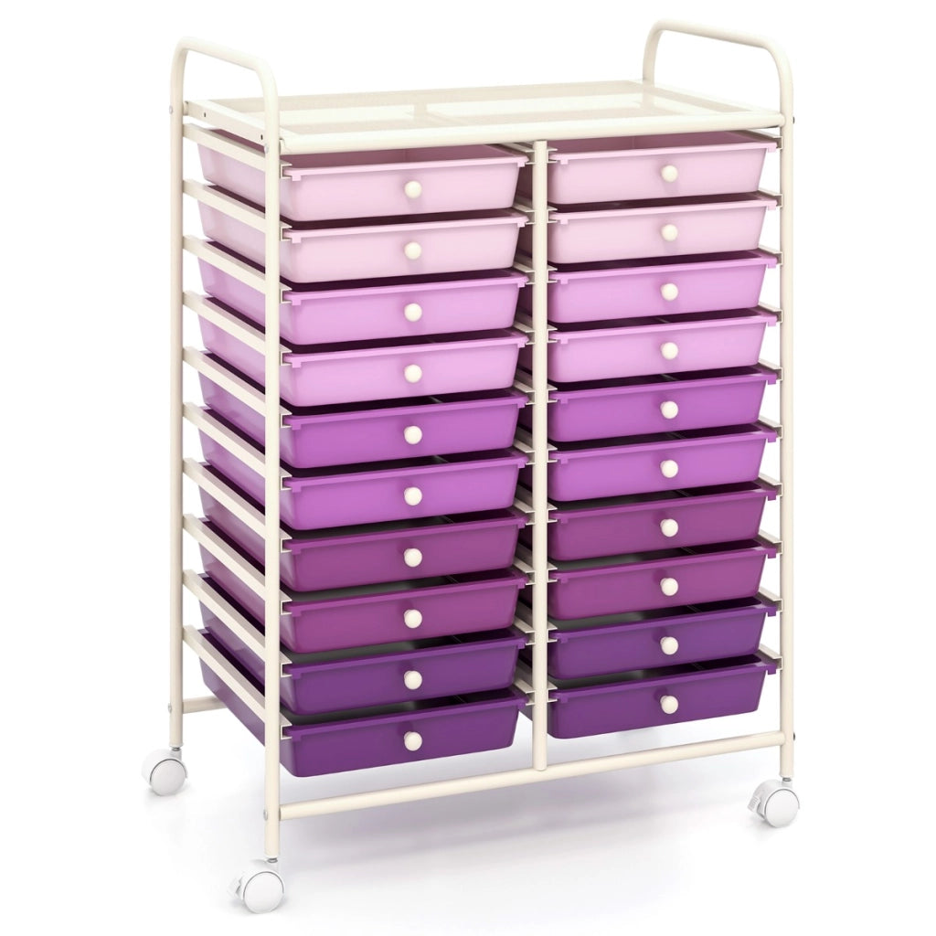 Carrello cassettiera multiuso e leggero con 20 cassetti, Contenitore con ruote per ufficio e casa Viola
