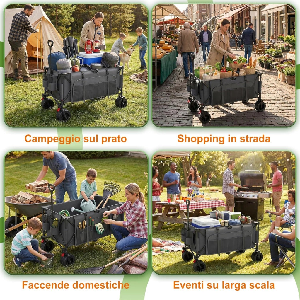 260L carrello spiaggia Massimo 200kg carrello con ruote portatutto grandi,carrellos pieghevole Con Braccioli Regolabili e Tasche Laterali per Giardino Campeggio Ogni Tipo di Terreno, Grigio