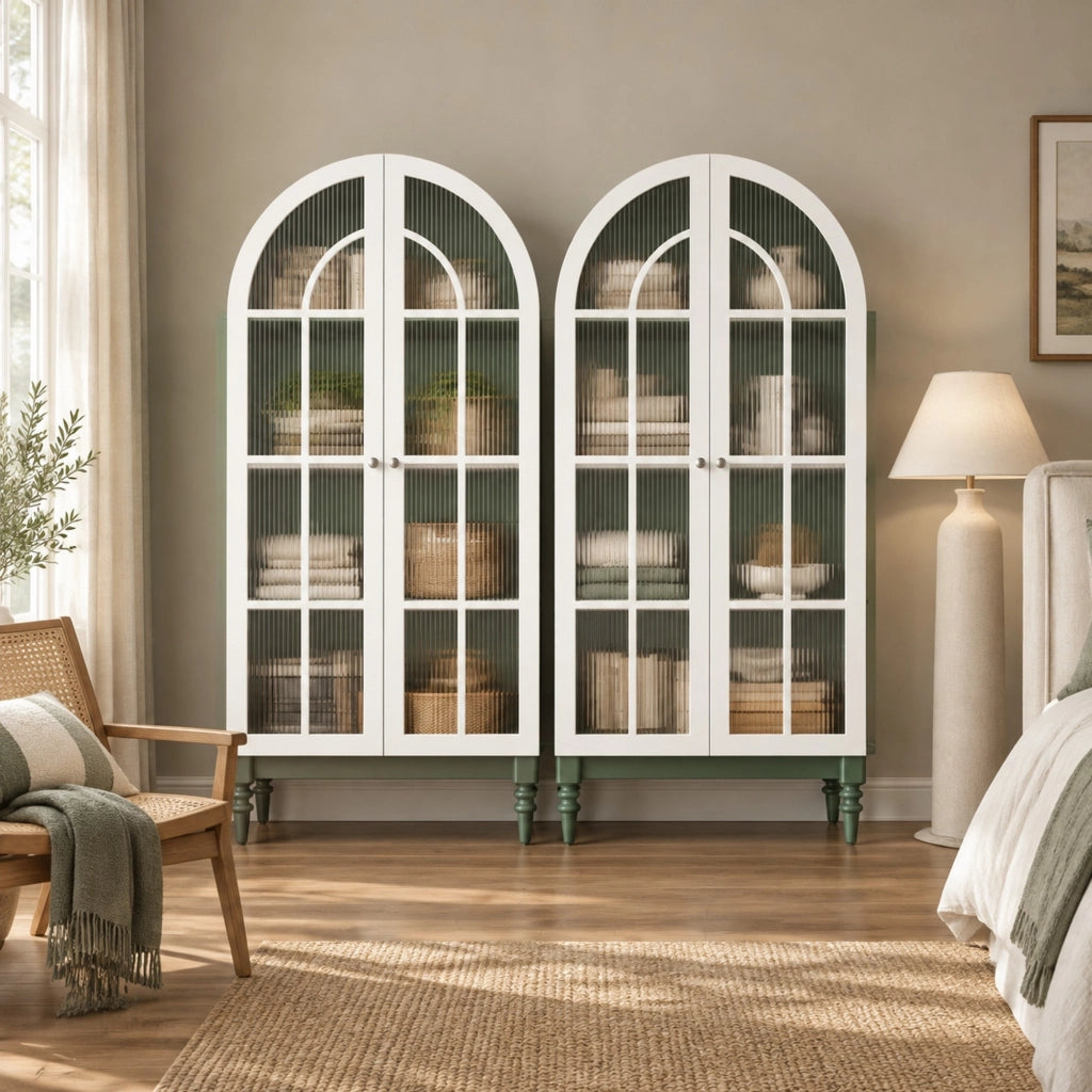 Set di 2 vetrine ad arco 76x38,5x165 cm in MDF verde con vetro rigato HAVRYA