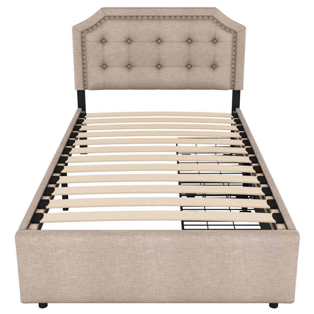 Letto imbottito 90x200 cm con cassetti; testiera regolabile; MDF; beige
