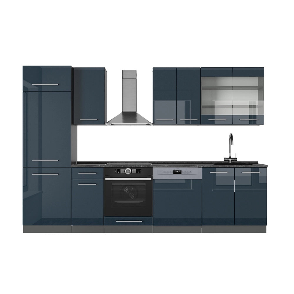 Cucina componibile Fame-Line Blu scuro lucido/Antracite 300 cm, PL Antracite Vicco