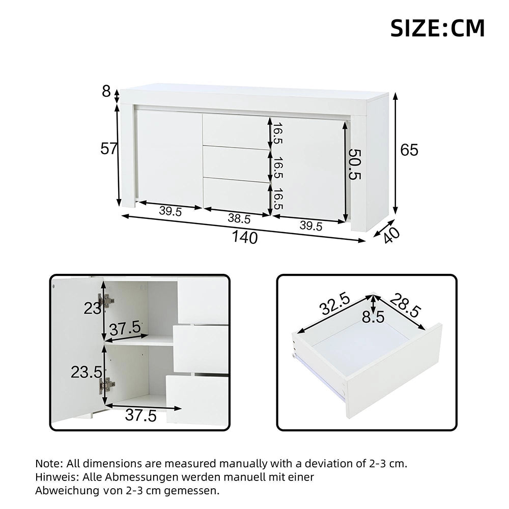 Credenza Soggiorno 140x40x65cm - Xylo - 3 Cassetti e 2 Ante Lucide con LED, Bianco