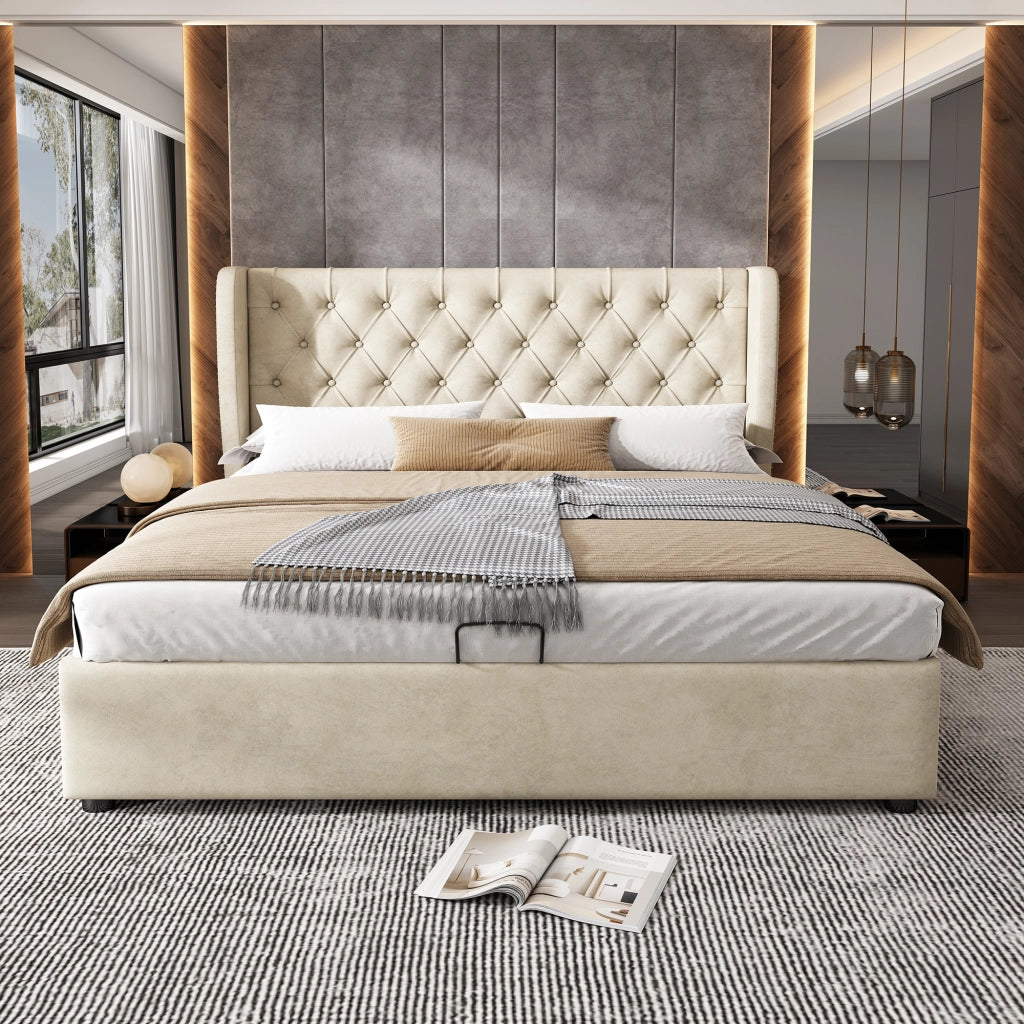 Letto Contenitore 180×200 cm; Letto Matrimoniale con Vano Idraulico; senza Materasso; Testiera Alta; Velluto Beige