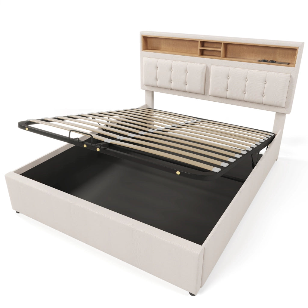 OKWISH Letto Contenitore 160×200 cm, Letto Matrimoniale con Prese, USB e Type-C, Testiera Regolabile, senza Materasso, in Lino - Beige