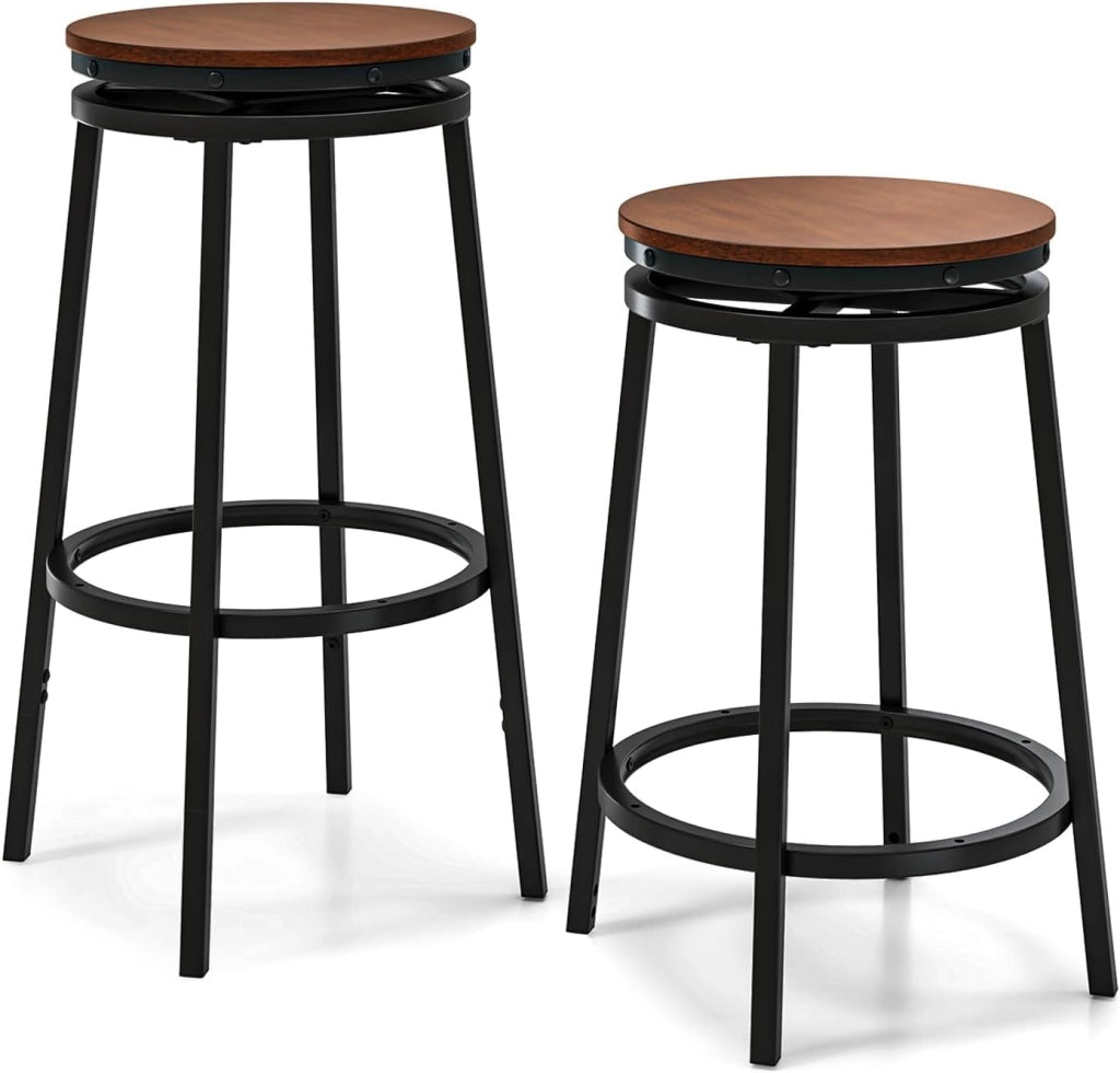 Set di 2 Sgabelli Girevoli e Regolabili in Altezza, Sgabelli da Bar in Metallo e MDF con Poggiapiedi, Mobile per Isola della Cucina, Sala da Pranzo e Salotto, Marrone e Nero