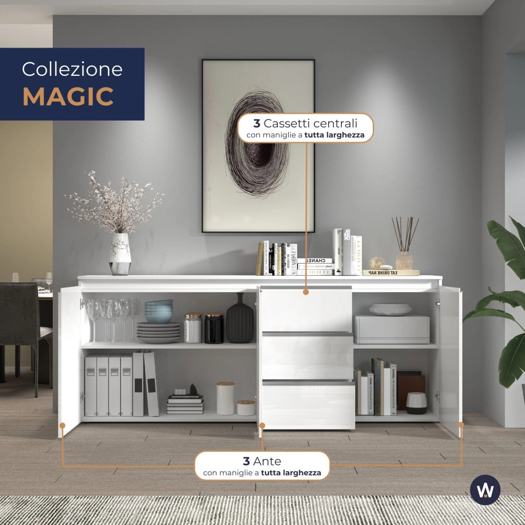 WHOUS Credenza a cassettiera Magic 3 ante e 3 cassetti bianco lucido 200x40x85 cm