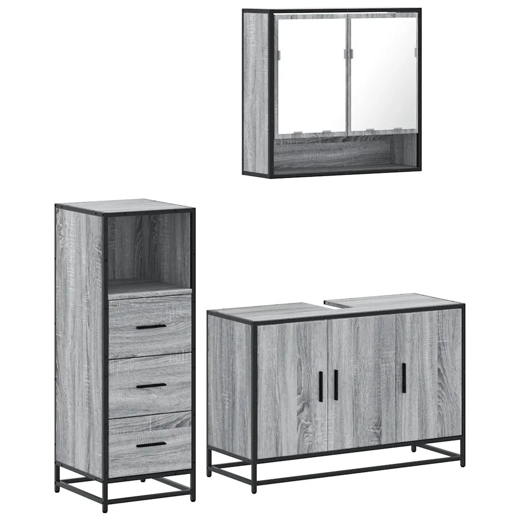 Set Mobili da Bagno 3 pz Grigio Sonoma in Legno Multistrato