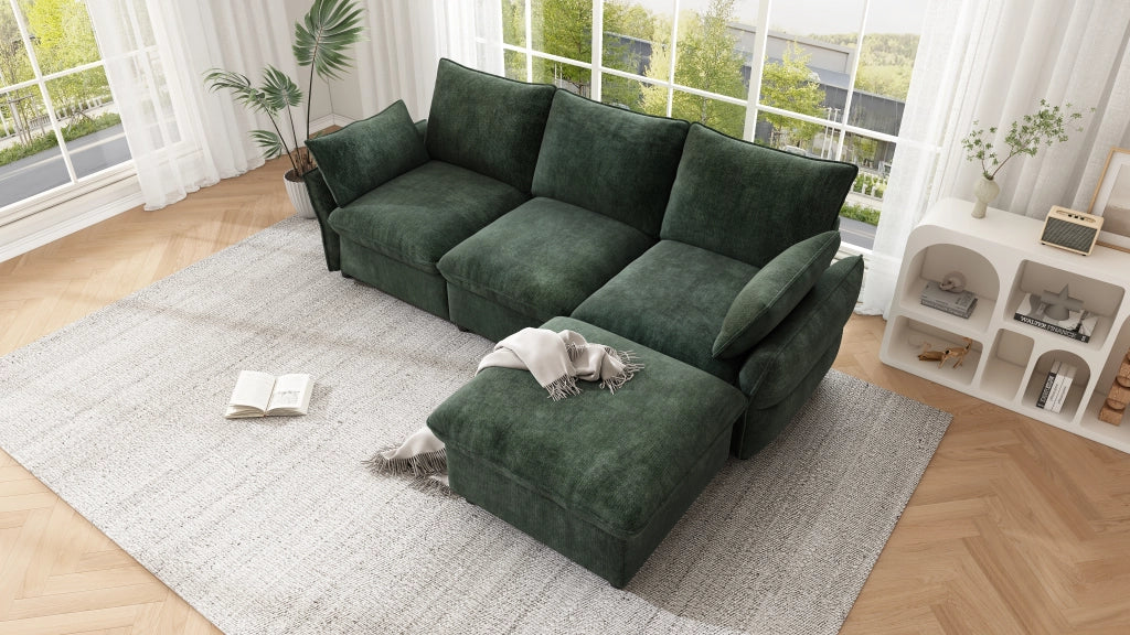 Divano angolare con pouf e 2 cuscini in ciniglia per soggiorno e appartamento verde scuro 222,5 × 154,5 × 76,5 cm