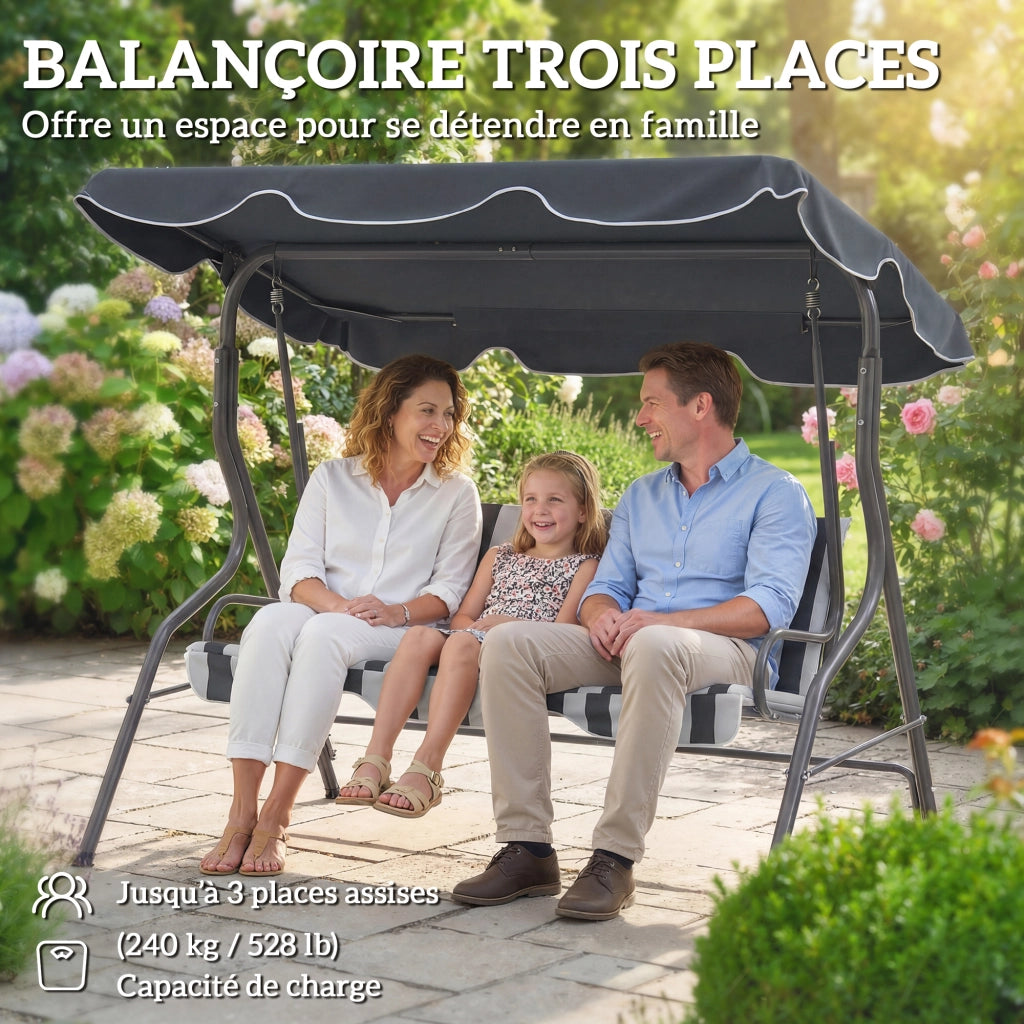 Balancelle da Giardino 3 Posti con Cuscini Grigio e Bianco ¨C zephmum ¨C Grigio, Bianco, 3 Posti