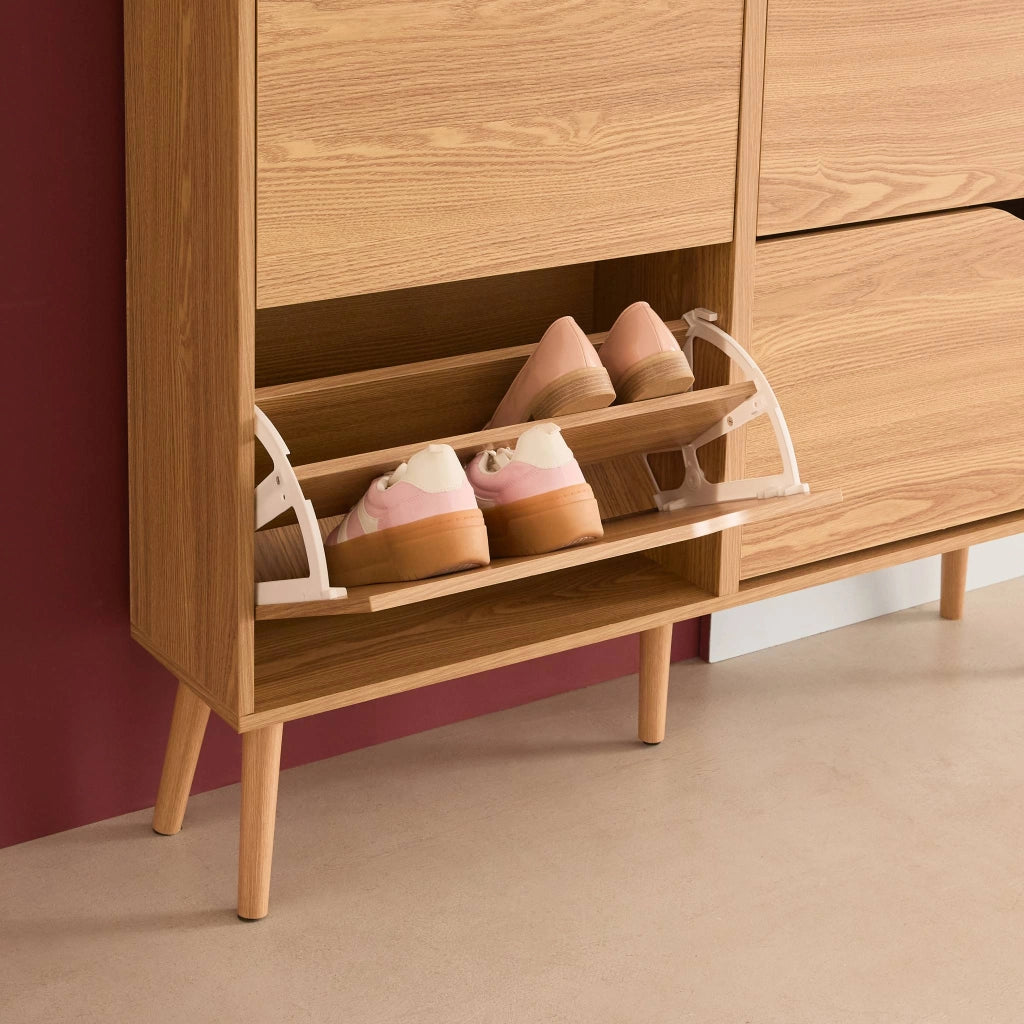 Scarpiera con decoro effetto legno, 4 ante, marrone naturale