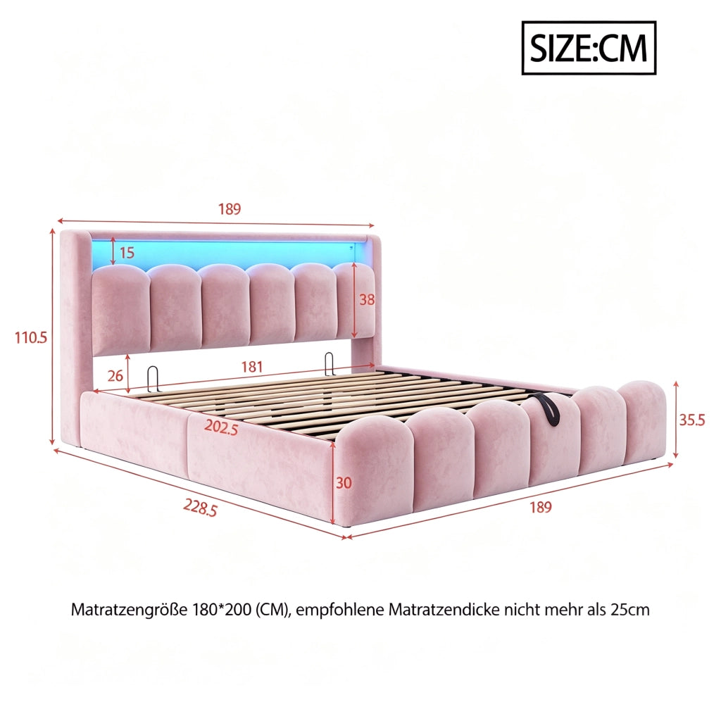Letto matrimoniale contenitore 180x200 cm con testiera a petalo; LED; USB e USB-C; imbottito in velluto rosa