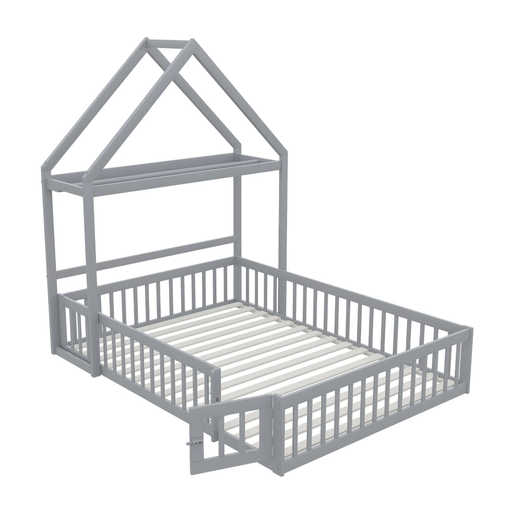 Letto per bambini 140×200 cm con tetto; porta; ripiani e asta appendiabiti; rete a doghe; senza materasso; grigio