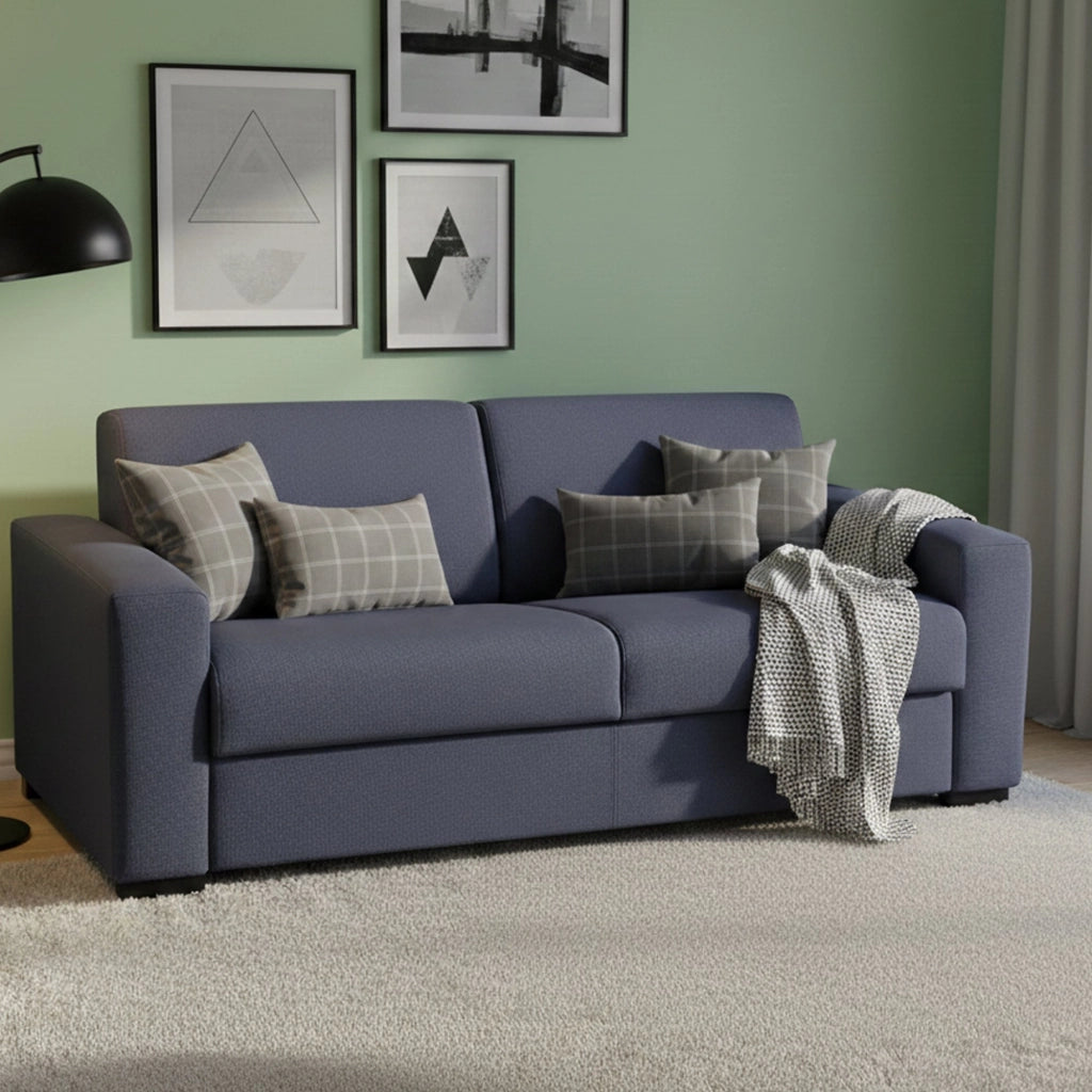 Divano Letto Alcatraz, Divano a 2 posti, Made in Italy, SofÒ  Soggiorno con apertura girevole, in tessuto imbottito, con Braccioli slim, cm 160x95h90, Blu