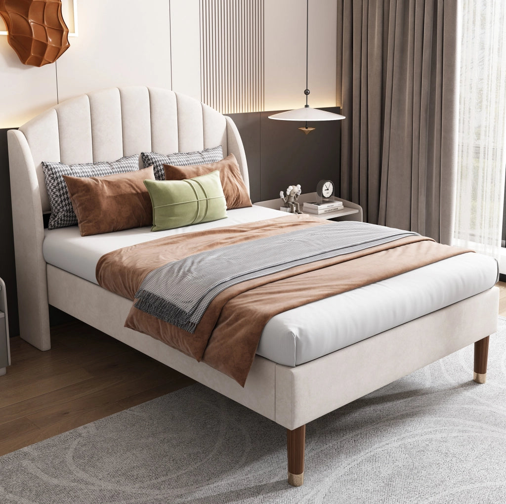 Letto imbottito in velluto beige con rete a doghe e testiera 90 x 200 cm