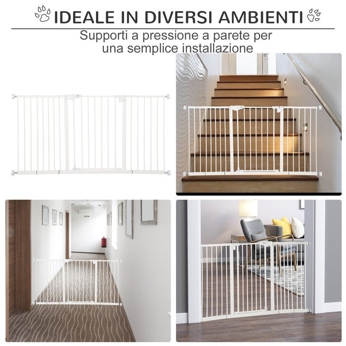 Cancelletto di Sicurezza per Animali Domestici 3 Estensioni Regolabile 74-148cm Chiusura Automatica Bianco