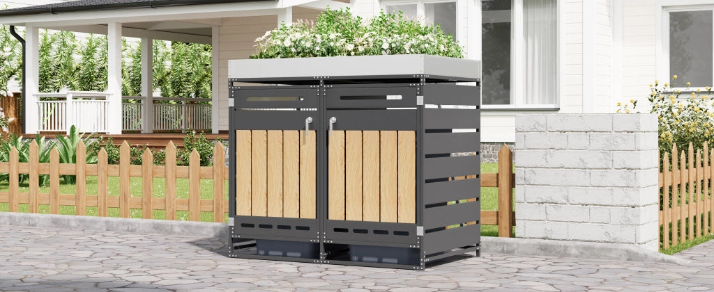 OKWISH Copribidoni Doppio con Fioriera, 2 Scomparti, Ventilazione e Porte con Serratura, Ferro Nero