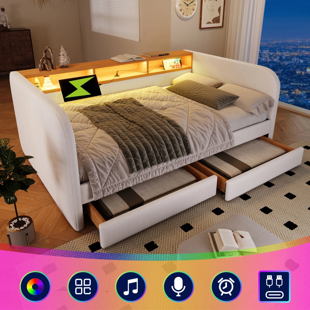 Letto imbottito 140x190 cm con LED, USB-C, 2 cassetti e testiera contenitore, beige chiaro