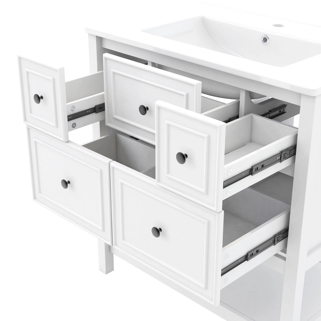 Mobile lavabo da terra 76x46.5x82 cm con 5 cassetti in MDF e ceramica bianco