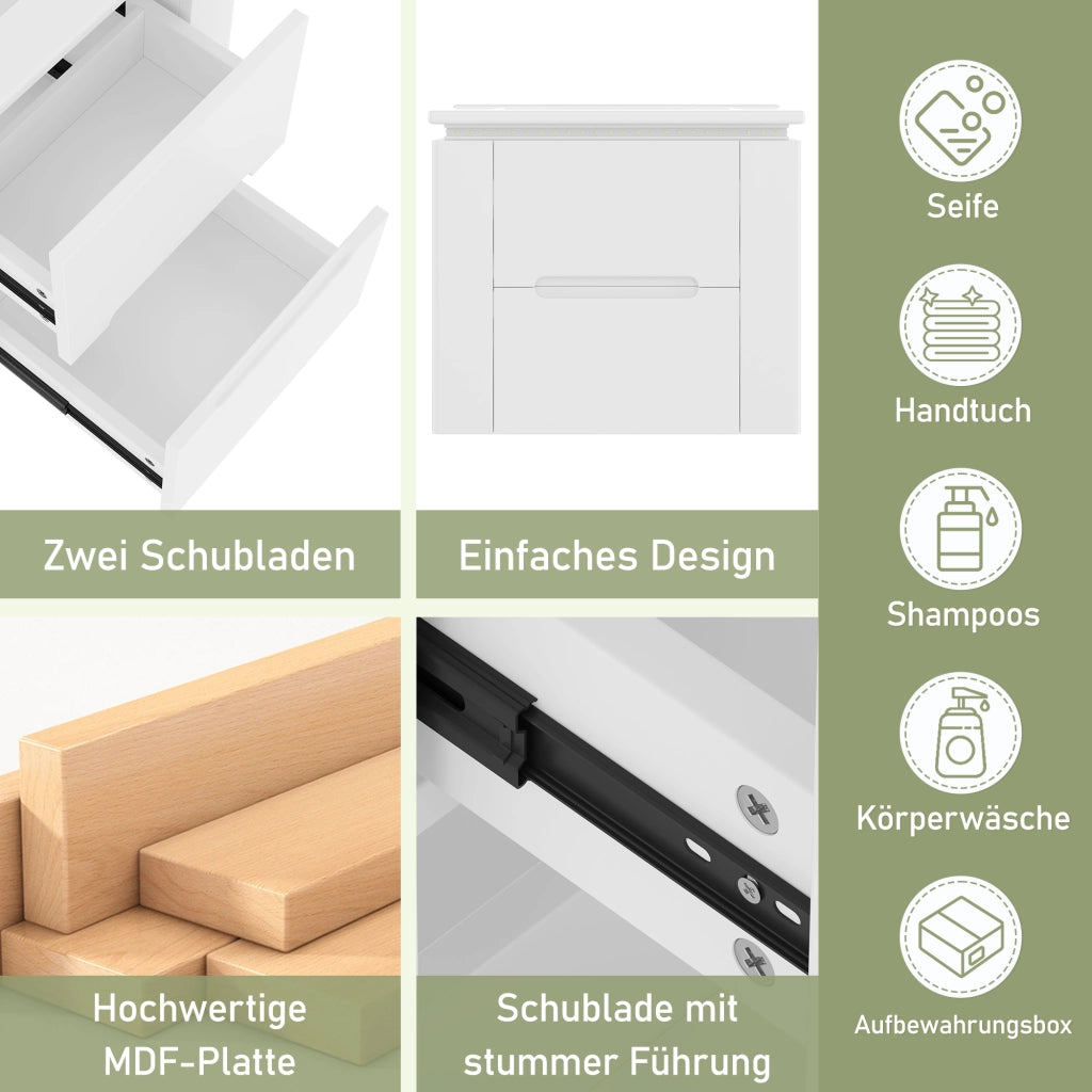 Mobile sottolavabo con 2 cassetti e illuminazione LED a sensore radar; sospeso; lavandino in ceramica integrato; bagno; bianco; 61 Ã— 46 Ã— 48.5 cm