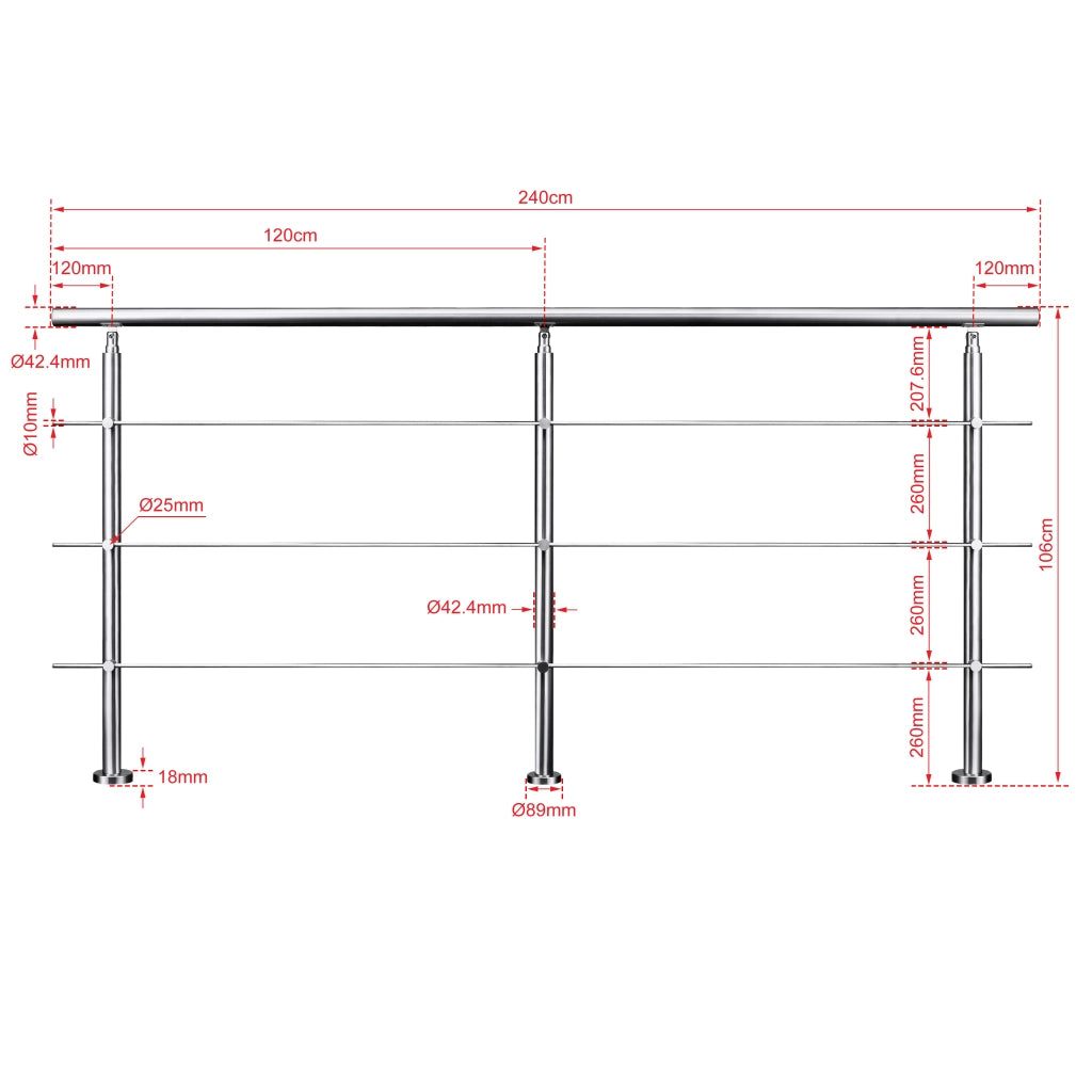Ringhiera Balaustra Corrimano in acciaio inox spazzolato 240x106cm per interni ed esterni 3 barre trasversali