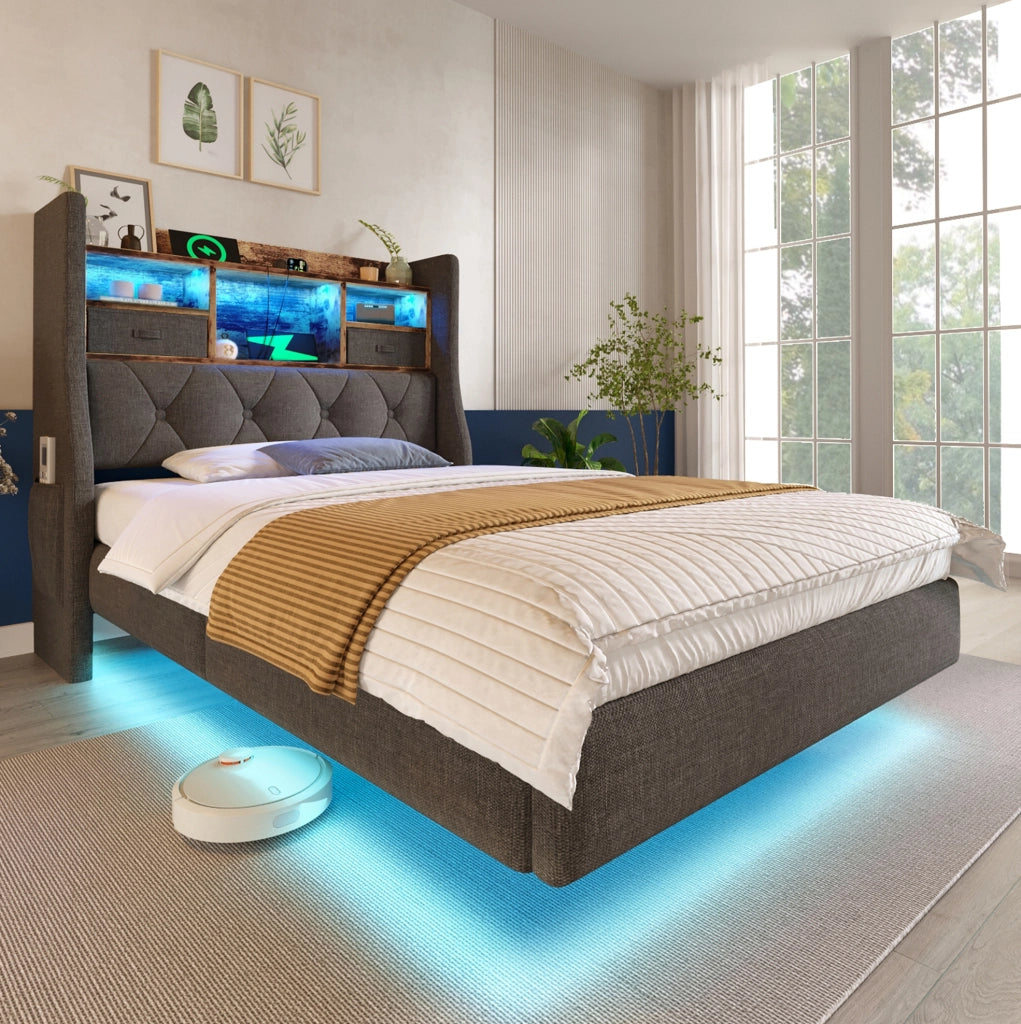 Letto singolo 90x200 cm in lino grigio con LED; USB; Type-C e materasso incluso