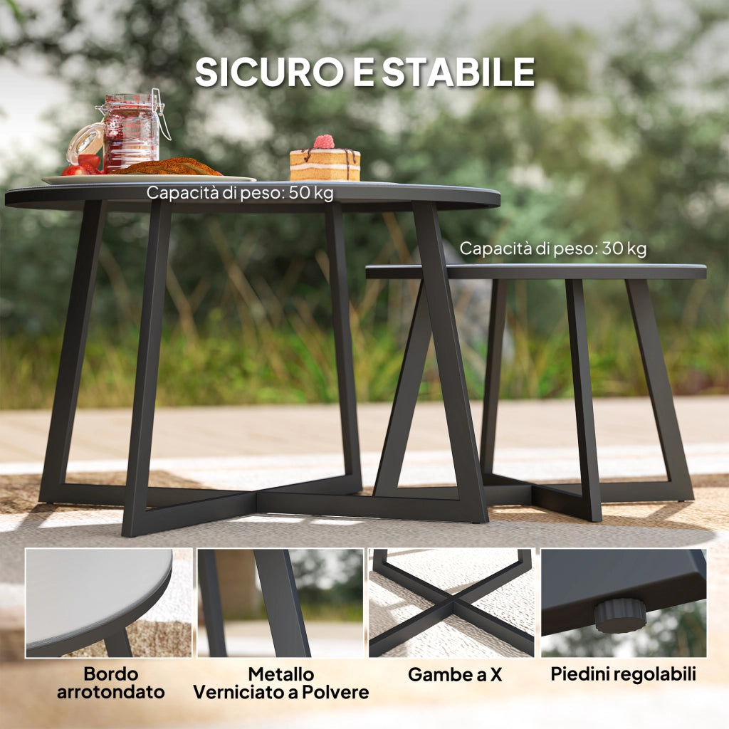 Set 2 Tavolini per Esterni con Piano in Vetro Temperato, ?70x45 cm e ?50x35 cm, Grigio
